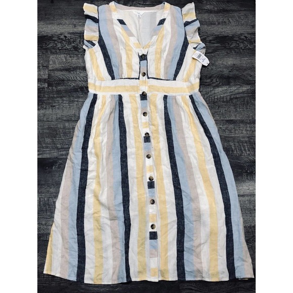 Time & Tru Linen Blend XXL (20) Dress Yellow White Flutter Sleeve Summer NEW F3 - Picture 7 of 8